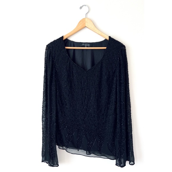 JKARA 🌸 Beaded Black Bell Sleeve V-Neck Top w Sharktail Hem - Picture 2 of 13